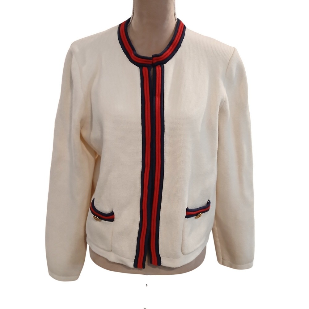 J. Crew XL Ivory Navy Red Contrast Trim Gold Button Sweater Blazer